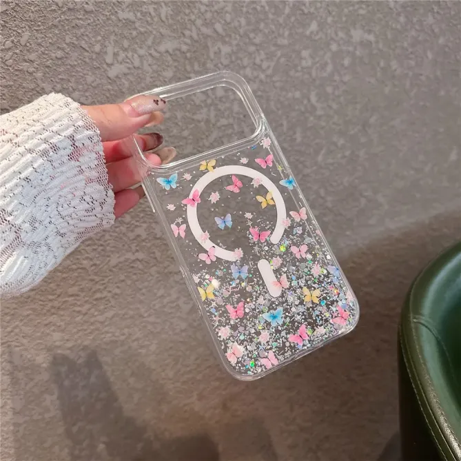 Coque iPhone 17 Pro Magnétique Paillettes et Papillons