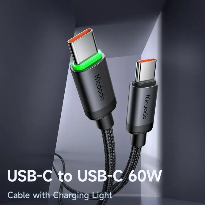 CA-4411 Câble USB-C vers USB-C 3m Charge Rapide 60W avec LED - Noir