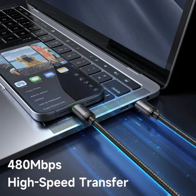 CA-4411 Câble USB-C vers USB-C 3m Charge Rapide 60W avec LED - Noir