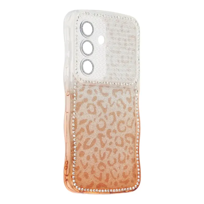 Coque Samsung Galaxy S26 Cadre Ondulé Strass et Léopard Pailleté