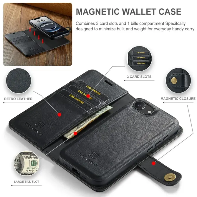 Housse iPhone 17e / 16e DG.MING détachable en cuir véritable