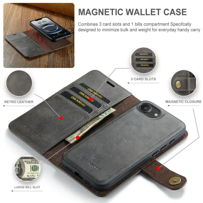 Housse iPhone 17e / 16e DG.MING détachable en cuir véritable