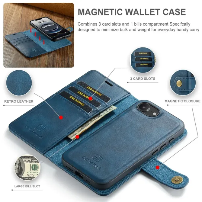 Housse iPhone 17e / 16e DG.MING détachable en cuir véritable
