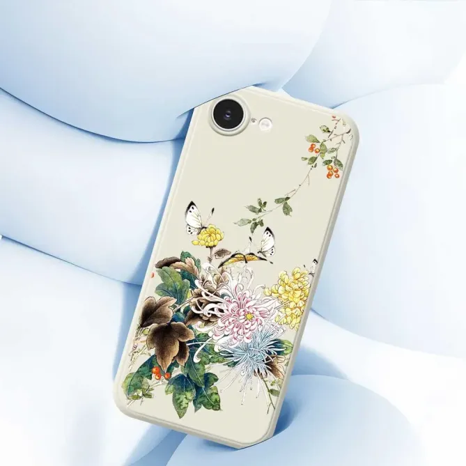 Coque iPhone 17e / 16e Chrysanthèmes & Papillons (Artistic Series)