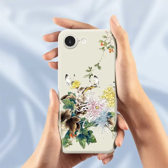 Coque iPhone 17e / 16e Chrysanthèmes & Papillons (Artistic Series)