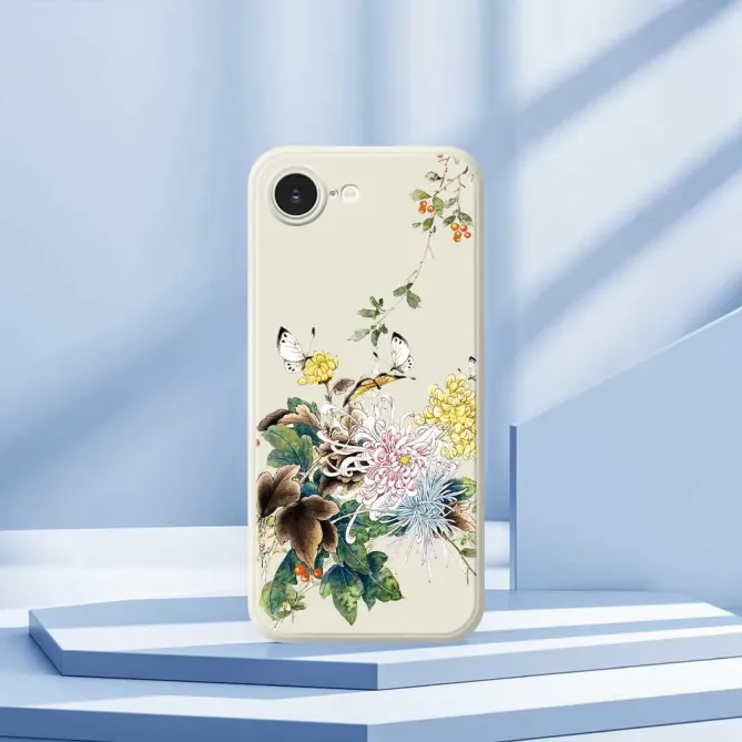Coque iPhone 17e / 16e Chrysanthèmes & Papillons (Artistic Series)