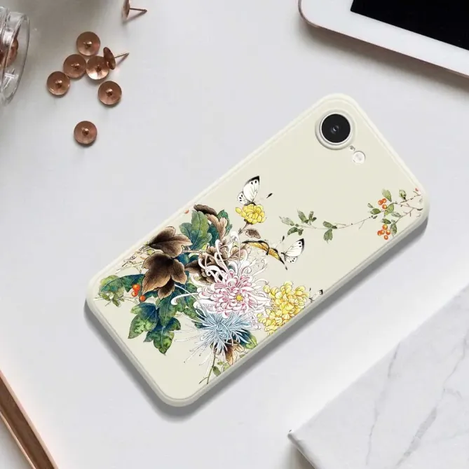 Coque iPhone 17e / 16e Chrysanthèmes & Papillons (Artistic Series)