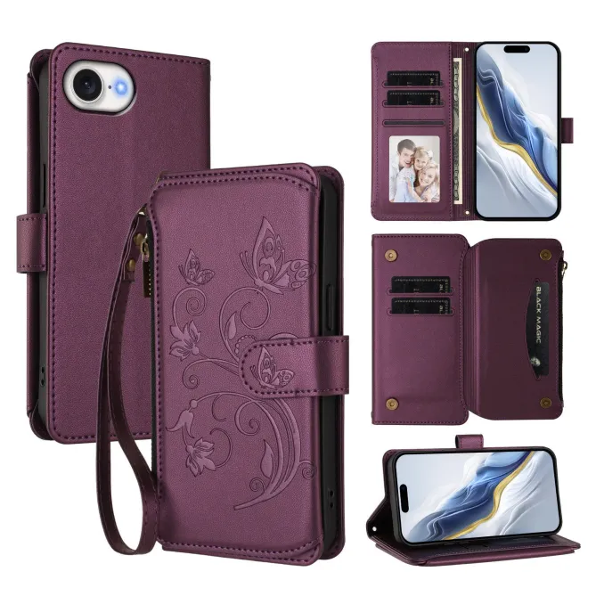 Housse iPhone 17e / 16e Portefeuille Papillons & Fleurs RFID