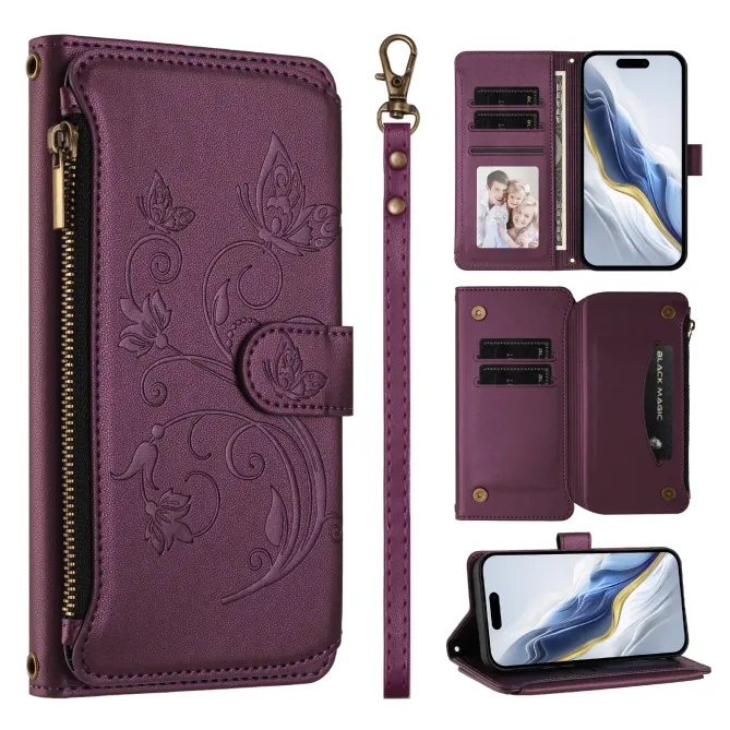 Housse iPhone 17e / 16e Portefeuille Papillons & Fleurs RFID