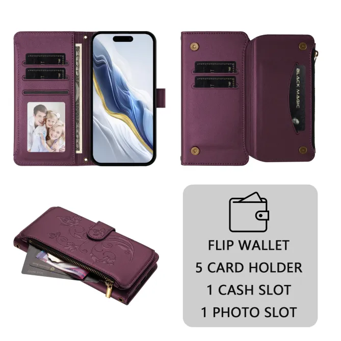Housse iPhone 17e / 16e Portefeuille Papillons & Fleurs RFID
