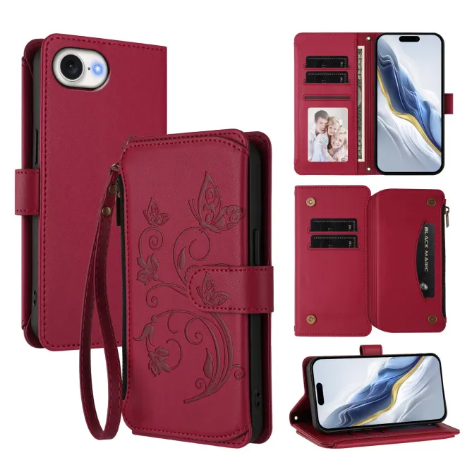 Housse iPhone 17e / 16e Portefeuille Papillons & Fleurs RFID