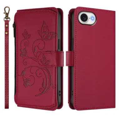 Housse iPhone 17e / 16e Portefeuille Papillons & Fleurs RFID Rouge foncé - photo 14