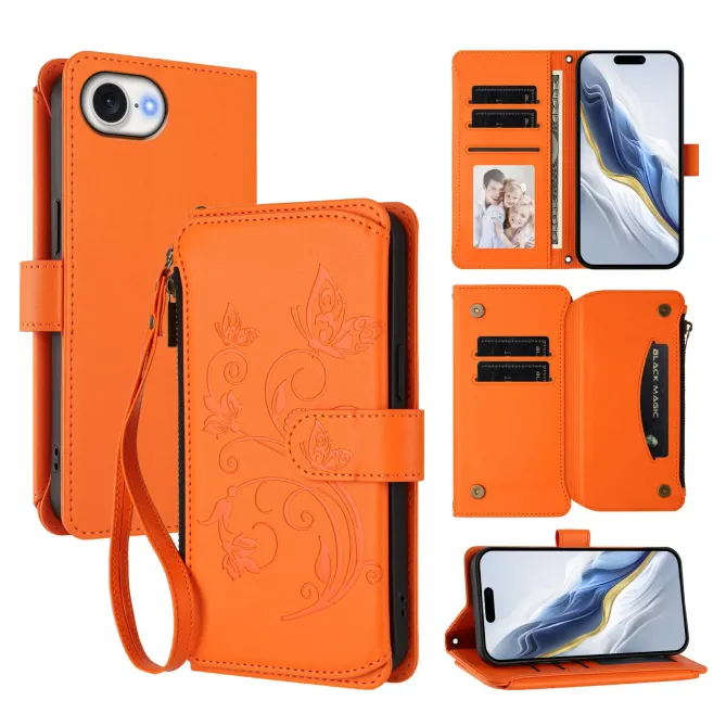 Housse iPhone 17e / 16e Portefeuille Papillons & Fleurs RFID