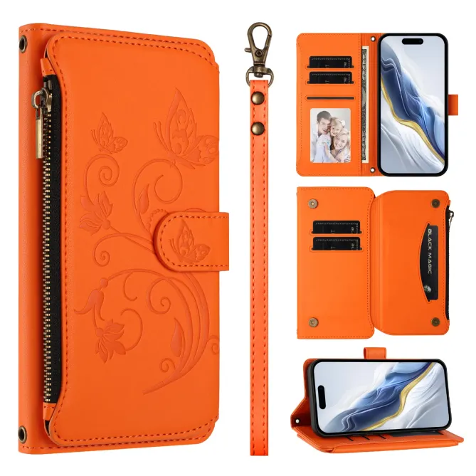 Housse iPhone 17e / 16e Portefeuille Papillons & Fleurs RFID