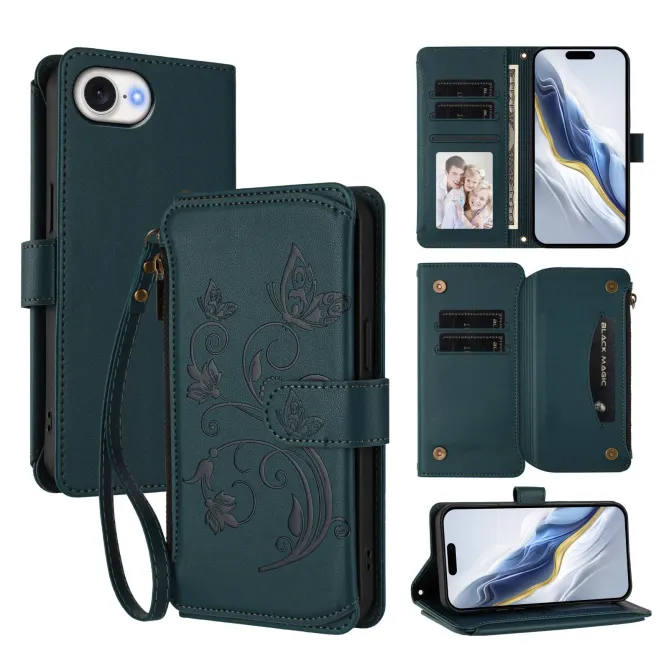 Housse iPhone 17e / 16e Portefeuille Papillons & Fleurs RFID