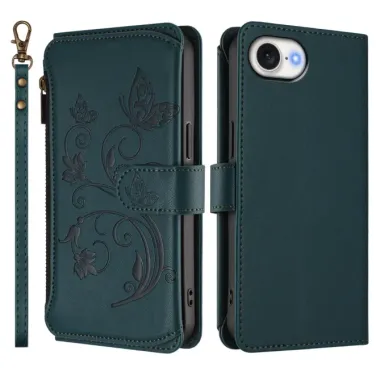 Housse iPhone 17e / 16e Portefeuille Papillons & Fleurs RFID Vert foncé - photo 38