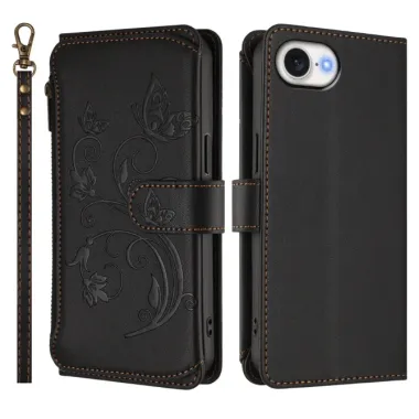 Housse iPhone 17e / 16e Portefeuille Papillons & Fleurs RFID Noir - photo 50