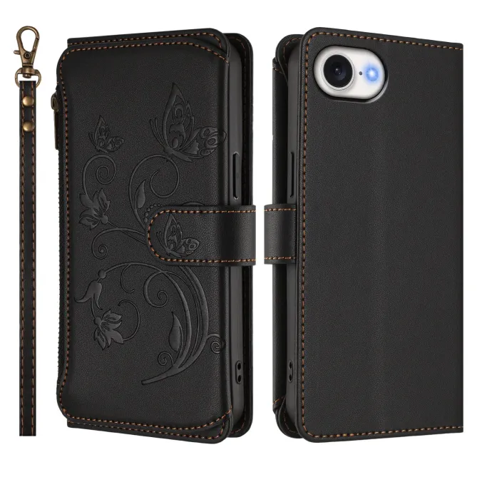 Housse iPhone 17e / 16e Portefeuille Papillons & Fleurs RFID