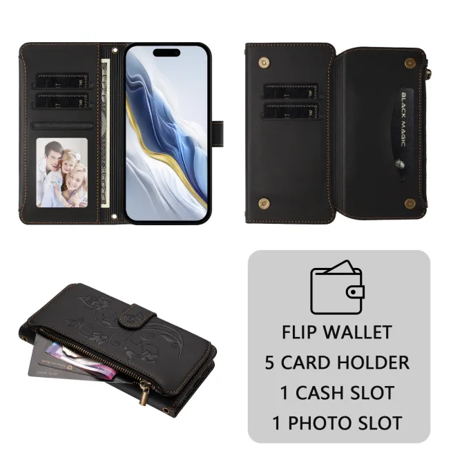 Housse iPhone 17e / 16e Portefeuille Papillons & Fleurs RFID