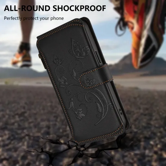 Housse iPhone 17e / 16e Portefeuille Papillons & Fleurs RFID