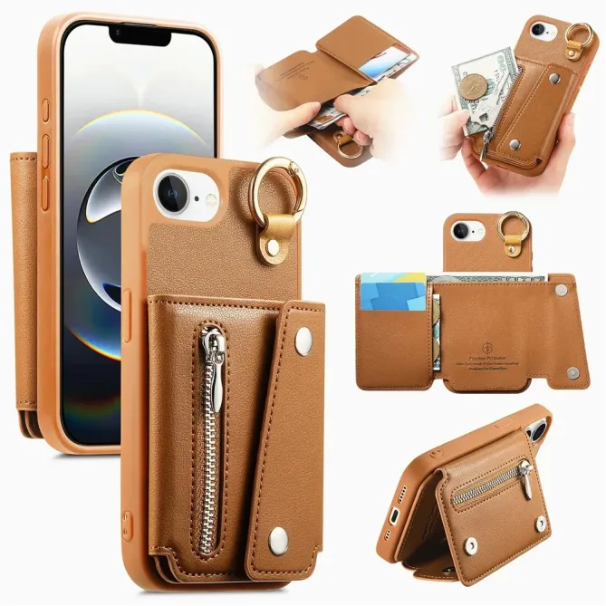 Coque iPhone 17e / 16e Portefeuille Effet Cuir avec Anneau et Fermeture Zippée