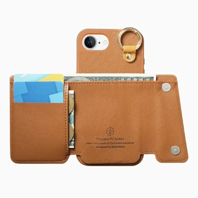 Coque iPhone 17e / 16e Portefeuille Effet Cuir avec Anneau et Fermeture Zippée