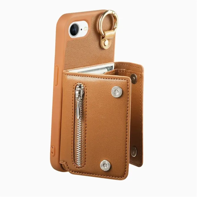 Coque iPhone 17e / 16e Portefeuille Effet Cuir avec Anneau et Fermeture Zippée