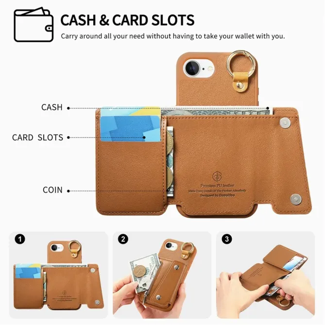 Coque iPhone 17e / 16e Portefeuille Effet Cuir avec Anneau et Fermeture Zippée