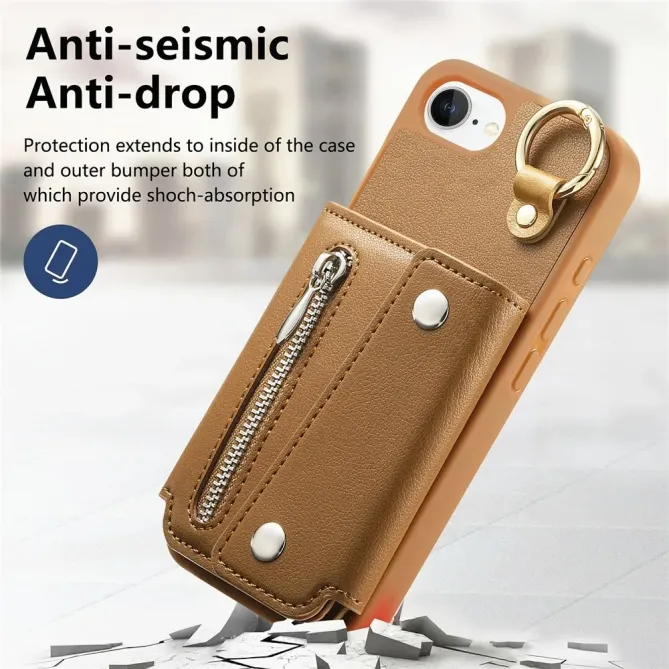 Coque iPhone 17e / 16e Portefeuille Effet Cuir avec Anneau et Fermeture Zippée