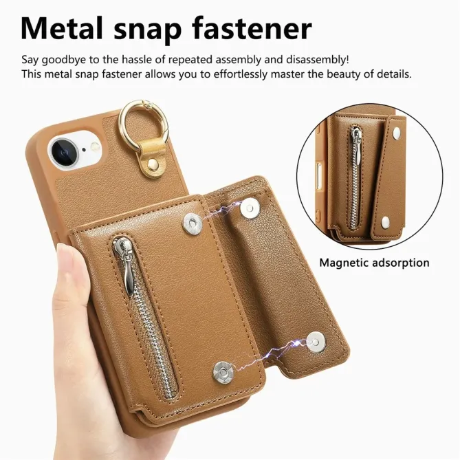Coque iPhone 17e / 16e Portefeuille Effet Cuir avec Anneau et Fermeture Zippée