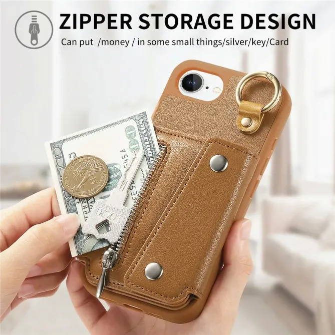 Coque iPhone 17e / 16e Portefeuille Effet Cuir avec Anneau et Fermeture Zippée