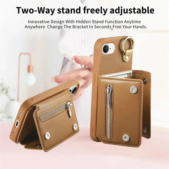 Coque iPhone 17e / 16e Portefeuille Effet Cuir avec Anneau et Fermeture Zippée