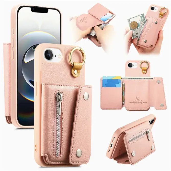 Coque iPhone 17e / 16e Portefeuille Effet Cuir avec Anneau et Fermeture Zippée