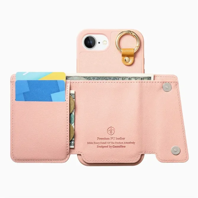 Coque iPhone 17e / 16e Portefeuille Effet Cuir avec Anneau et Fermeture Zippée