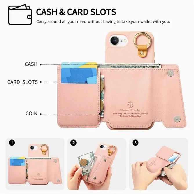 Coque iPhone 17e / 16e Portefeuille Effet Cuir avec Anneau et Fermeture Zippée