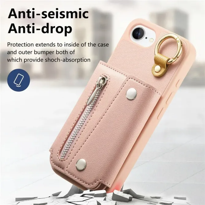 Coque iPhone 17e / 16e Portefeuille Effet Cuir avec Anneau et Fermeture Zippée