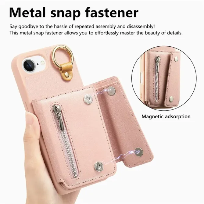 Coque iPhone 17e / 16e Portefeuille Effet Cuir avec Anneau et Fermeture Zippée