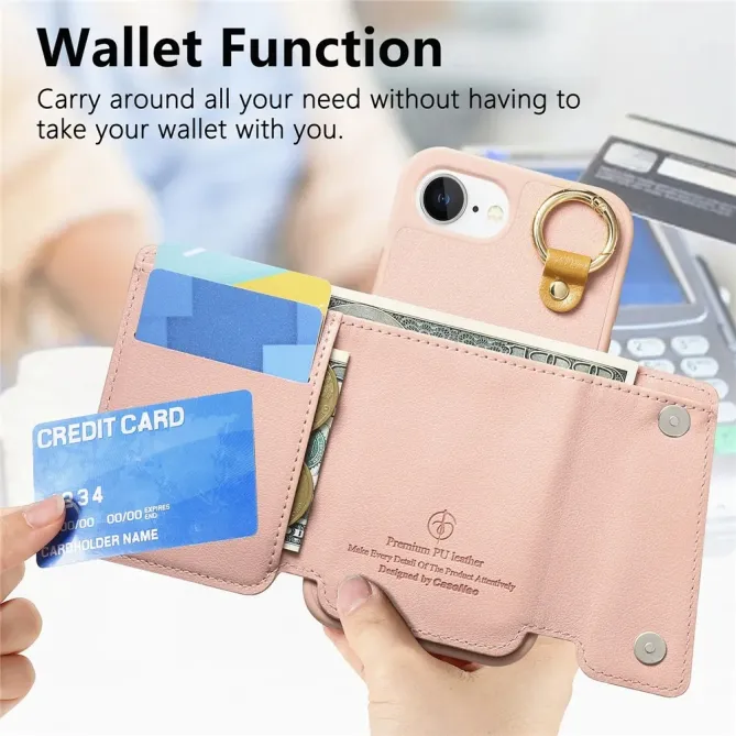 Coque iPhone 17e / 16e Portefeuille Effet Cuir avec Anneau et Fermeture Zippée