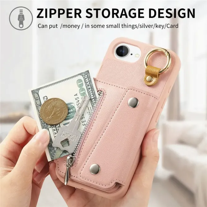 Coque iPhone 17e / 16e Portefeuille Effet Cuir avec Anneau et Fermeture Zippée