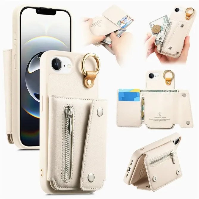 Coque iPhone 17e / 16e Portefeuille Effet Cuir avec Anneau et Fermeture Zippée