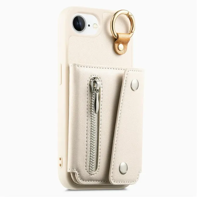 Coque iPhone 17e / 16e Portefeuille Effet Cuir avec Anneau et Fermeture Zippée