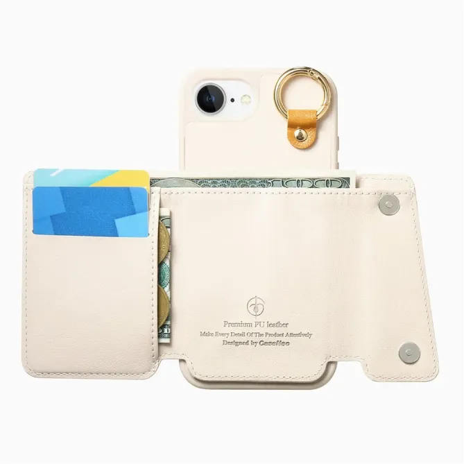 Coque iPhone 17e / 16e Portefeuille Effet Cuir avec Anneau et Fermeture Zippée