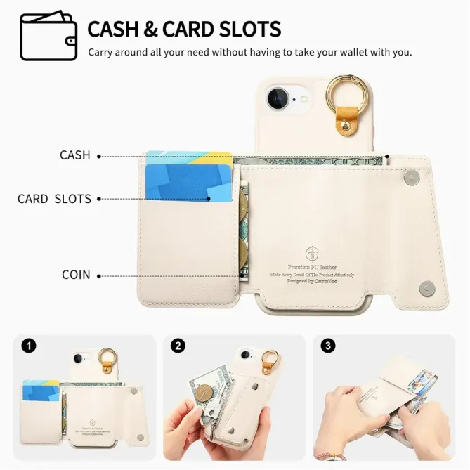 Coque iPhone 17e / 16e Portefeuille Effet Cuir avec Anneau et Fermeture Zippée