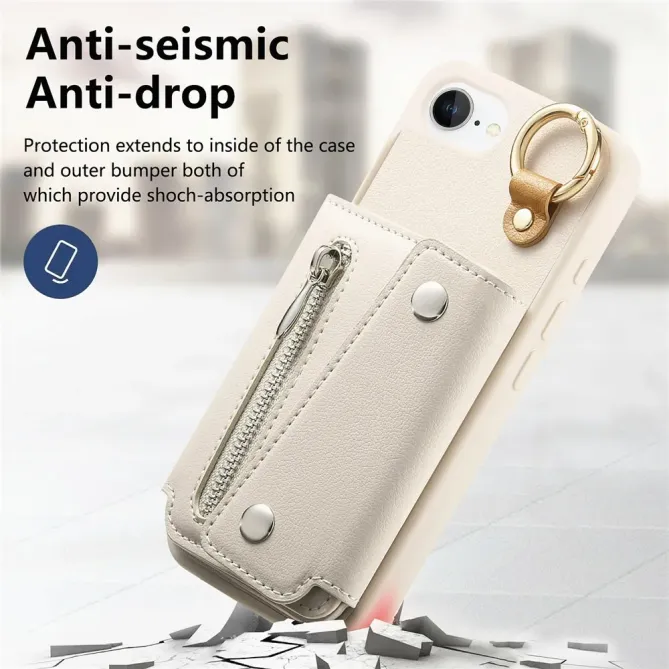 Coque iPhone 17e / 16e Portefeuille Effet Cuir avec Anneau et Fermeture Zippée