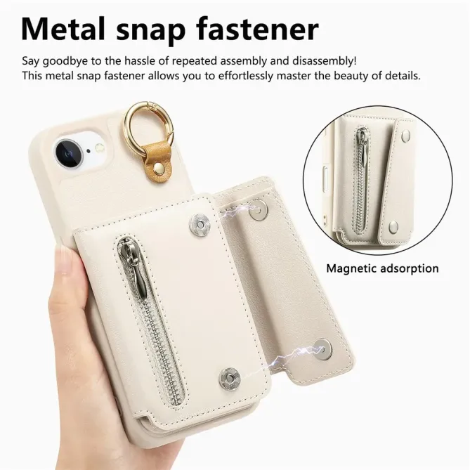 Coque iPhone 17e / 16e Portefeuille Effet Cuir avec Anneau et Fermeture Zippée