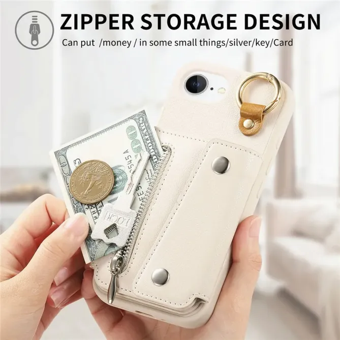 Coque iPhone 17e / 16e Portefeuille Effet Cuir avec Anneau et Fermeture Zippée