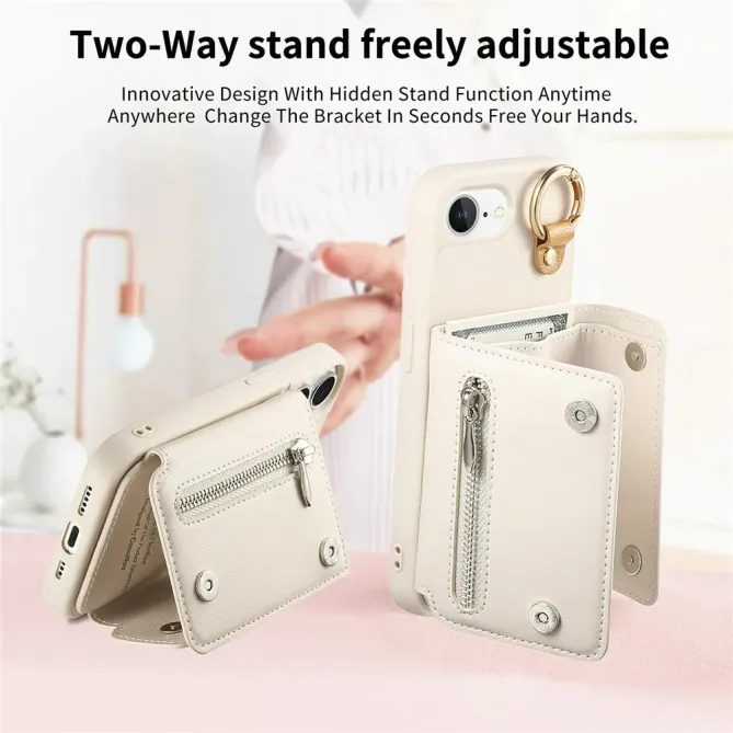 Coque iPhone 17e / 16e Portefeuille Effet Cuir avec Anneau et Fermeture Zippée