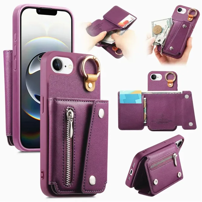Coque iPhone 17e / 16e Portefeuille Effet Cuir avec Anneau et Fermeture Zippée