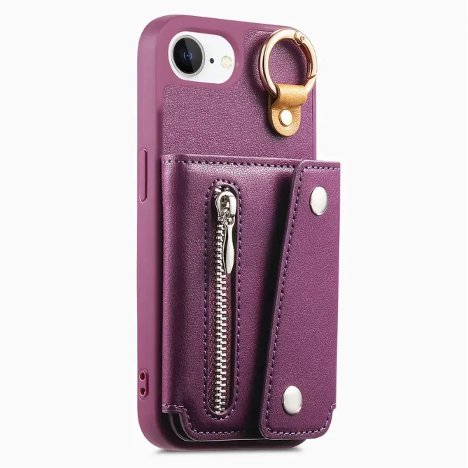 Coque iPhone 17e / 16e Portefeuille Effet Cuir avec Anneau et Fermeture Zippée