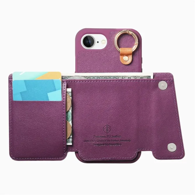 Coque iPhone 17e / 16e Portefeuille Effet Cuir avec Anneau et Fermeture Zippée